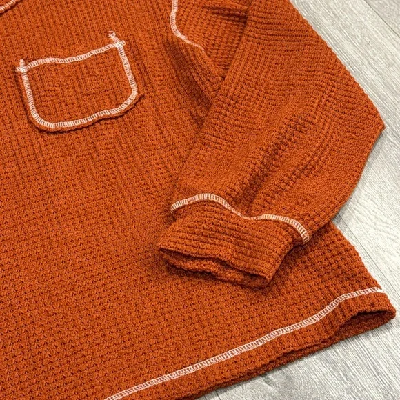 Women’s Long Sleeve Waffle Sweater Oversized Boho Knit Tunic Rust Orange Large - Picture 6 of 13